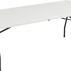 Amazon Basics Heavy Duty Portable Folding Table, 6 ft, Indoor & Outdoor, Fold-in-Half Design with Carrying Handle, White | Portable