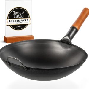 YOSUKATA 14" Carbon Steel Wok with Round Bottom – Pre-Seasoned Pow Wok for Stir Fry – Traditional Chinese Japanese Black Steel Pan – Outdoor Cookware for Gas Stovetops, Open Fire, BBQ, Camping